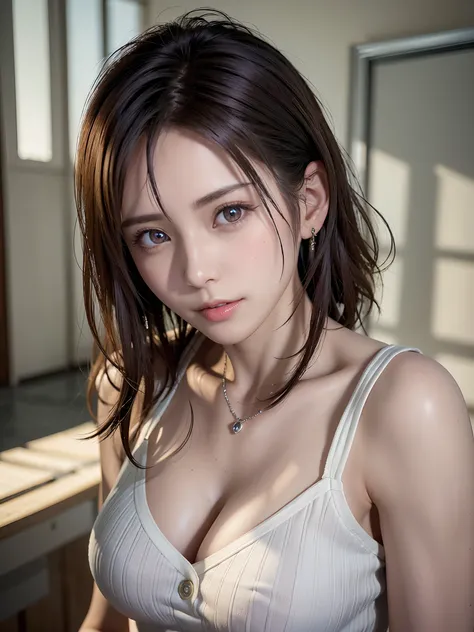 (in 8K, top-quality, ​masterpiece:1.2), (realisitic, Photorealsitic:1.37), ultra-detailliert, Natural sunlight, mideum breasts, I can see the cleavage, 1 persons, 25 year old woman,  Pendants, Torn shorts, Light Knit V-Neck Shirt, At the time of performanc...