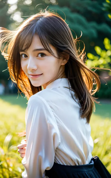 (Raw photo, Best Quality), (Realistic, Photorealsitic:1.3), masterpiece, 1 girl, extremely delicate and beautiful girl, standing quietly, Soft light, back light, (Brown hair, Shoulder-length straight hair swaying in the wind), Bangs, Beautiful detailed gir...