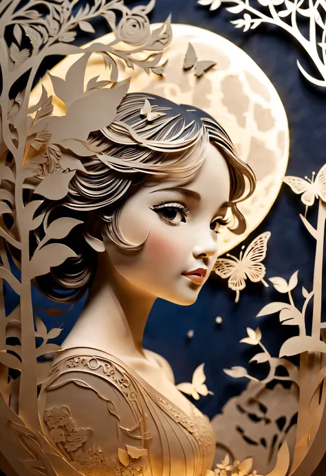 ((((Masterpiece))), Best quality, Illustrations, Beautiful details glow, Paper_cut, girl face details clear to the camera, tree, Moon, Butterfly,