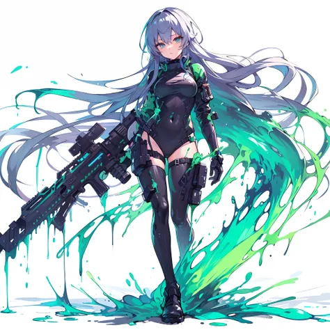 (Masterpiece, best quality), (perfect athlete body:1.2), (detailed hair), ultra-detailed, anime style, full body, white background cool illustration, whole body, cyber ninja GIRL, wearing oversized wear, changing into liquid slime. standing on wasteland.