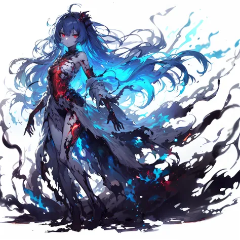 (masutepiece, Best Quality), (Perfect athlete body:1.2), (detailed hairs), Ultra-detailed, Anime style, Full body, White background, Whole body, Dead Evil Siren Rotten Like a Ghost, Drifting Blue Devil Fire, flowing robe, Blue Whispy, Glowing red eyes, dar...