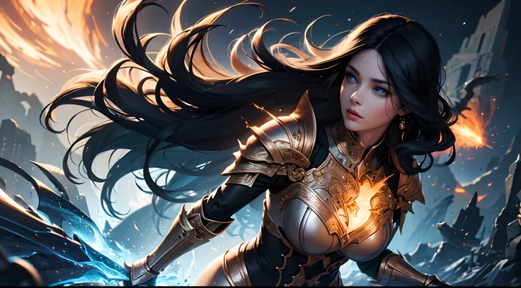 official art, unity 8k wallpaper, ultra detailed, masterpiece, best quality, 1 woman, (extremely detailed), dynamic angle, Mysterious expression, fire sparkle effect, fantasy background, rim lighting, side lighting, cinematic light, ultra high res, 8k uhd,...