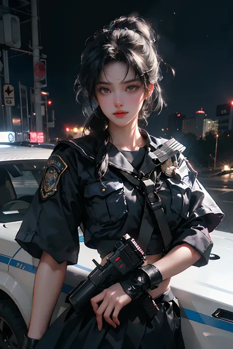 (RAW photo, 4k, masterpiece, high resolution, extremely complex) (realistic: 1.3), cinematic lighting Delicate girl with facial features, oversized, sexy body, protruding and upturned
1 female policeman blue police uniform uniform black wrapped short skirt...