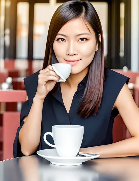 Thai office lady, 30 years old, Fair-skinned, Drink coffee alone.,Women,(look away.),red face,(Sit in an outdoor café), (Wear casual clothing.), beste-Qualit, ultra-high resolution, (Realistic), (Face and eye details)