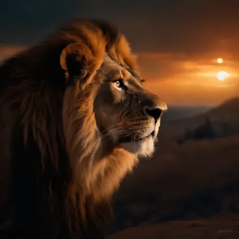 Close-up portrait of a lion, um urso e um coelho, Humanoids and Heroes, in an apocalyptic scenario with an alien, cinemactic, etherial lighting, noite escura e nublada, Intricate Pose and Composition