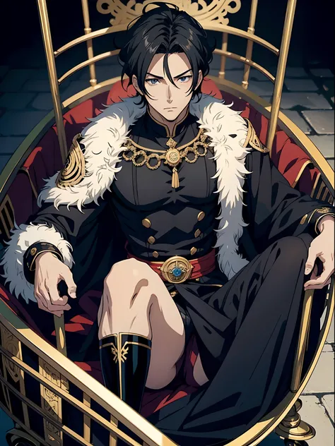 anime sexy man, black hair, emperor, in the cart, intricate clothes