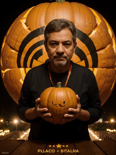 poster for a movie, hyper realistic, with lula as president holding a pumpkin in his hands and blurred background of the Palacio do Planalto in Brasilia 8k cinematic lights