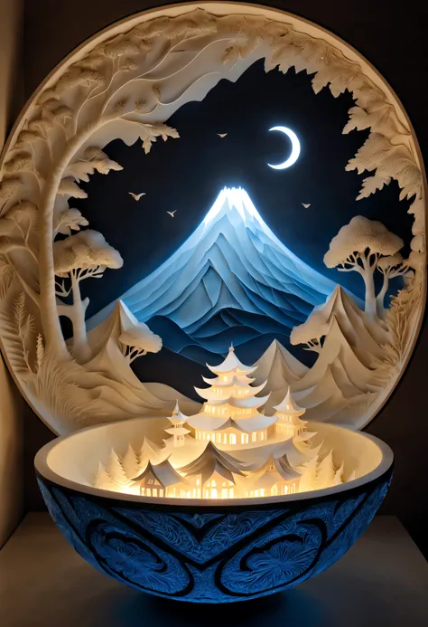 Paper_cut，（paper art，Quilted paper art，geomerty），best qualtiy，realisticlying，realisticlying，super-fine，"volcanoes" highly elaborate carvings on "Southern Ice" In a porcelain bowl，ultra-wide-angle，emphasis lighting，Volumetriclighting，The light from the back...