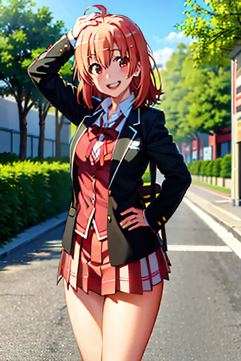 (yuigahamaYui:1.5), (oregairuUniform:1.5), masterpiece, best quality, absurdres, 1girl, looking at viewer, standing, upper body, outdoors, street, city, hands on hips, grin