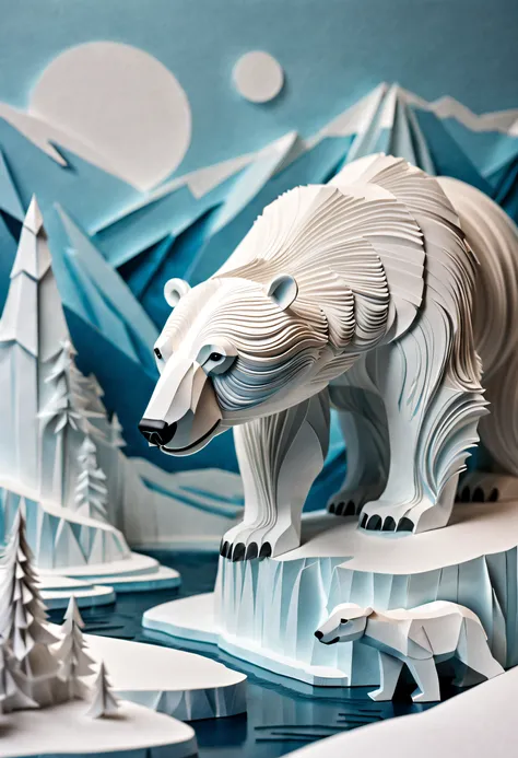 Intricate illustrations in paper art style，Arctic scenery，Polar bears，Rendered in 3D，And draw inspiration from postmodern art, As a play by the Guggenheim,best qualtiy，realisticlying，realisticlying，super-fine，highly elaborate carvings on ,