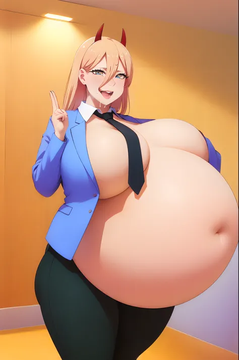 (masterpiece, best quality:1.2), cowboy shot, solo, 1girl, power (csm), sharp teeth, grin, looking at viewer, cross-shaped pupils, blue jacket, collared shirt, black necktie, black pants, wide hips, thick thighs, huge ass, enormous huge natural breasts, cl...