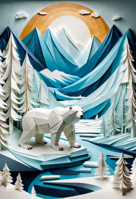 Intricate illustrations in paper art style，Arctic scenery，Polar bears，Rendered in 3D，And draw inspiration from postmodern art, As a play by the Guggenheim,best qualtiy，realisticlying，realisticlying，super-fine，highly elaborate carvings on ,