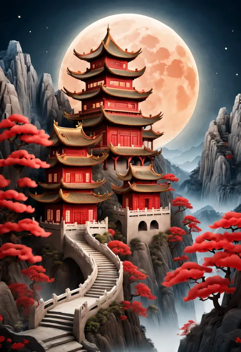 Masterpiece, Traditional Chinese style houses，beautiful render of a fairytale, In the style of paper art, painting of beautiful, beautiful as the moon, A very complex masterpiece, A beautiful and intricate masterpiece of red, multi-layer, mysterious, Castl...