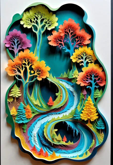 Masterpiece，Mandelbrot shape，(Three-dimensional paper cutting art，Extremely colorful),There is a river running through the forest,best qualtiy，realisticlying，realisticlying，super-fine，highly elaborate carvings on ,