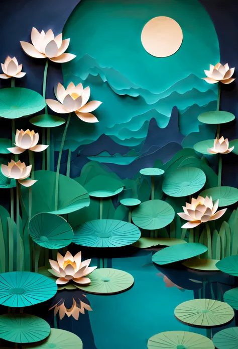 Intricate illustrations in paper art style，Lotus pond moonlight，Rendered in 3D，And draw inspiration from postmodern art, As a play by the Guggenheim,best qualtiy，realisticlying，realisticlying，super-fine，highly elaborate carvings on ,