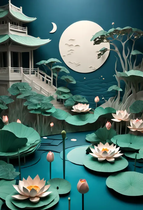 Intricate illustrations in paper art style，Lotus pond moonlight，Rendered in 3D，And draw inspiration from postmodern art, As a play by the Guggenheim,best qualtiy，realisticlying，realisticlying，super-fine，highly elaborate carvings on ,