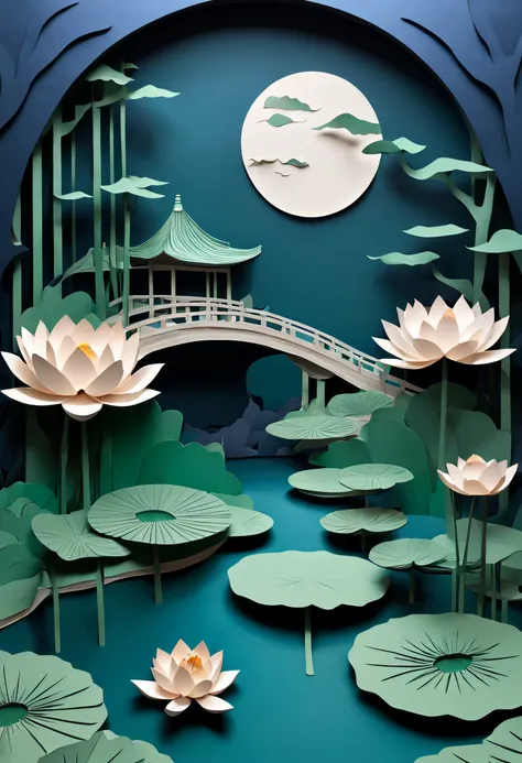 Intricate illustrations in paper art style，Lotus pond moonlight，Rendered in 3D，And draw inspiration from postmodern art, As a play by the Guggenheim,best qualtiy，realisticlying，realisticlying，super-fine，highly elaborate carvings on ,