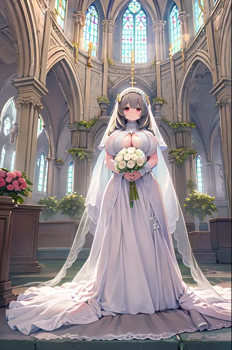 High resolution, Best Quality, masutepiece, Ultra high definition, Ultra high definition, .。.3D, Anime, Illustration, In a church、wedding hall、Two women in wedding dresses、2girls，girl1：bbw、huge-breasted、adolable，Black hair，Bob-cut hair，huging、stare、wedding...