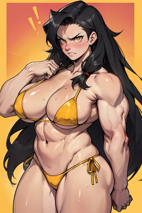 girl huge breasts bodybuilder muscular toned body pale skin black hair very long hair yellow eyes angry blushing embarrassed thick thighs string bikini