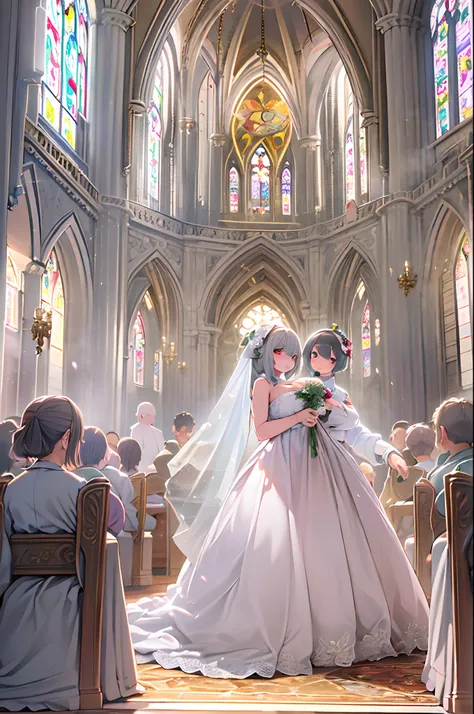 High resolution, Best Quality, masutepiece, Ultra high definition, Ultra high definition, .。.3D, Anime, Illustration, In a church、wedding hall、Two women in wedding dresses、2girls，girl1：bbw、huge-breasted、adolable，Black hair，Bob-cut hair，huging、stare、wedding...