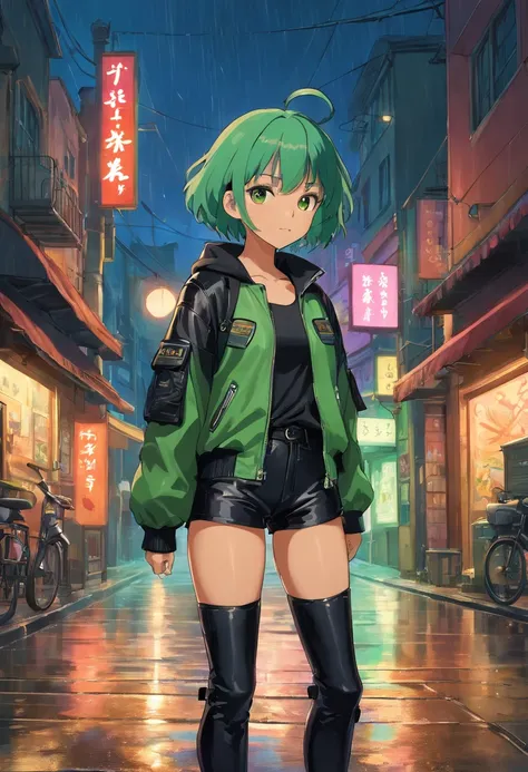 1girl, brown skin, short green hair, brown eyes, wearing black tank top, wearing black_green leather jacket, black leather pants, at night, black leather boots, city street, ground wet from rain, fall, night time, neon sign in background, beautiful, absurd...