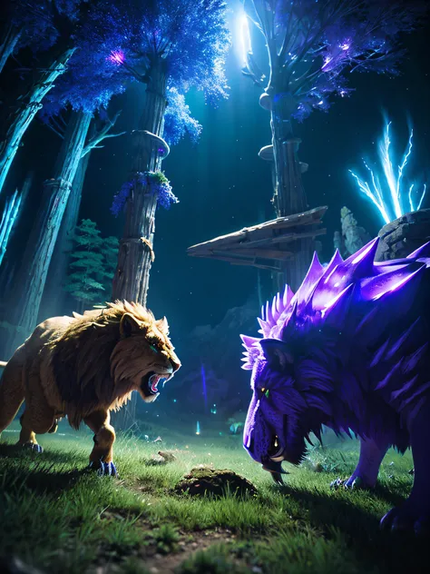 Fantasy World Saber Tooth Bison and Fantasy World Saber Tooth Lion are fighting，Emits a blue-violet light，glow effect，the night，中景 the scene is，Full body like， Highly detailed surreal VFX，OC rendering，Shot at 70 mm - AR