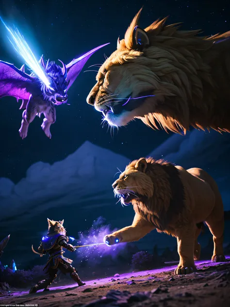 Fantasy World Saber Tooth Bison and Fantasy World Saber Tooth Lion are fighting，Emits a blue-violet light，glow effect，the night，中景 the scene is，Full body like， Highly detailed surreal VFX，OC rendering，Shot at 70 mm - AR