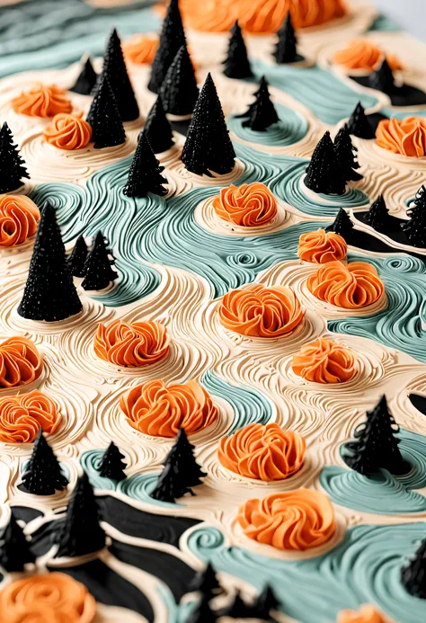 Intricate illustrations in paper art style，There is a river running through the forest, Features a dreamy pastel palette of orange and black.best qualtiy，realisticlying，realisticlying，super-fine，highly elaborate carvings on ,