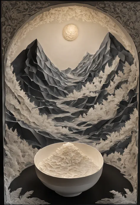 Paper_cut，（paper art，Quilted paper art，geomerty），best qualtiy，realisticlying，realisticlying，super-fine，"volcanoes" highly elaborate carvings on "Southern Ice,In a porcelain bowl，ultra-wide-angle，emphasis lighting，Volumetriclighting，The light from the back ...