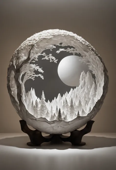 Paper_cut，（paper art，Quilted paper art，geomerty），best qualtiy，realisticlying，realisticlying，super-fine，"volcanoes" highly elaborate carvings on "Southern Ice" In a porcelain bowl，ultra-wide-angle，emphasis lighting，Volumetriclighting，The light from the back...