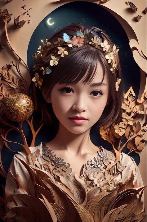 ((((Masterpiece))), Best quality, Illustrations, Beautiful details glow,
Paper_cut, girl face details clear to the camera, tree, Moon, Butterfly,