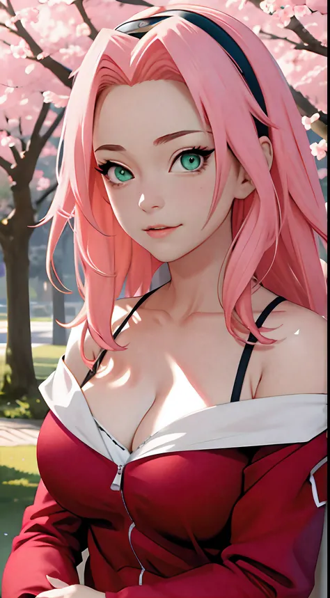 巨作， Best quality at best， 1girll， sakura haruno， big breasts，Off-the-shoulder clothing，（cleavage)，（Upper body close-up)，Sexy aroused，Shy up，Ssimil，With pink hair， Long hair waiter， （Green eyeballs:1.4)， Front protection， Cherry trees，Cherry blossoms flying...