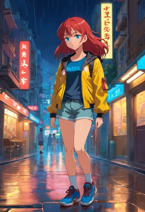 1girl, brown skin, Long Red hair, glowing blue eyes, wearing black tank top, wearing yellow leather jacket, shorts, at night, sneakers, city street, ground wet from rain, fall, night time, neon sign in background, beautiful, absurdres, high res, ultrasharp...