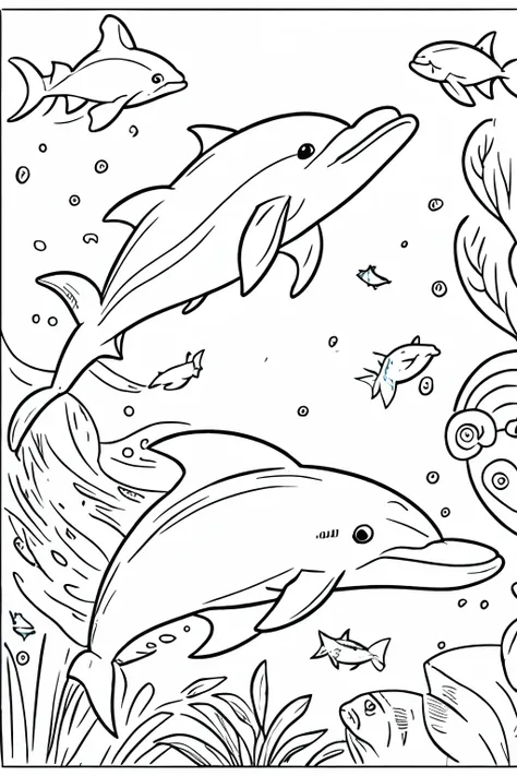 dolphin swimming with fish, coloring pages, crisp lines, white background