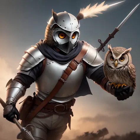 Hoot owl, helmet, spear, dramatic background, battlefield