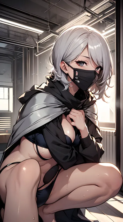 top-quality、supreme１People Girls,hightquality,, ((masuter piece)), ((High resolution)), ((Best Quality)), detail, (NSFW:1.6 ,cum faced、Excited face.Very happy,), ((Skin shiny with sweat)), (Black Bikini Armor:1.2、black cloak、black masks)、 girl with, silber...