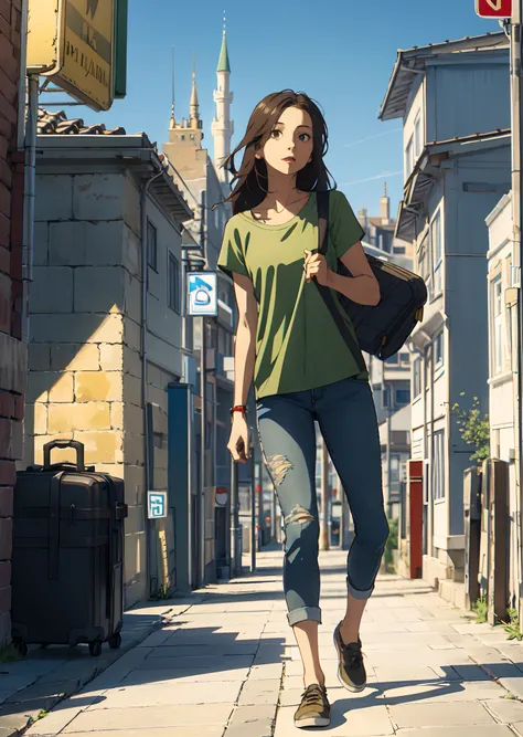 Disney Promotional Poster of a Dark-Skinned Teenage Girl, brown eyes and straight shoulder-length hair, wearing a green shirt and jeans carrying a light beige suitcase and is in the city of Istanbul