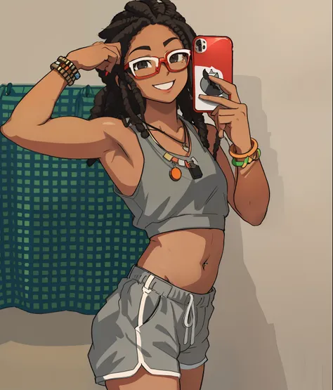 Black girl with glasses taking a mirror picture with a red iphone 11 while flexing, white background, miriko from my hero academia, cartoon art, smiling, dreadlocks, wrist bracelets, belly piercing, workout shorts, necklaces, flexing and making fist in rig...