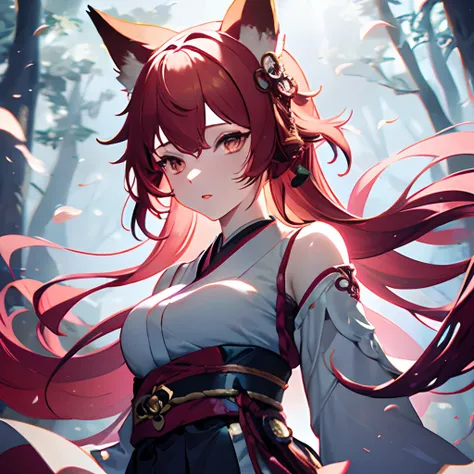 girl with fox ears, Kitsune Girl, (hair color) Orange-red hair, (eyecolor) Orange Eyes, (Lip color) pale pink lips, (countenance) Gentle & Serene, (The clothes) white  shirt, black skirt and black robe, (Background) Green dark forest with fireflies, full o...