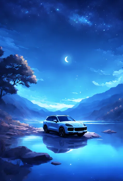 a painting of a 2022 (porsche cayenne), by a river with stars and moon in the sky, concept art inspired by tosa mitsuoki, pixiv ...