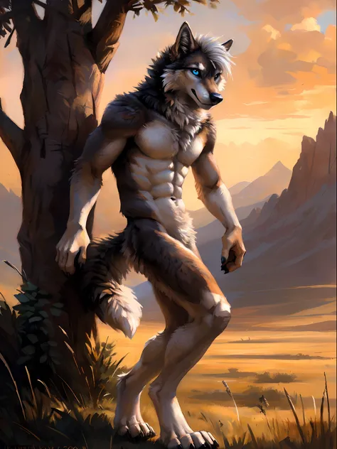 ((Solo)), male people, anthro wolf, (Multi-colored fur, White-brown:1.3，White tail pointed), ((Wolf face, White hair, Big eyes, White eyelids, Blue pupil, Slim:1.2) (Tough, Calm expression:1.2)), Abs, Slim, pinging)), (Correct anatomy), Naked all over the ...