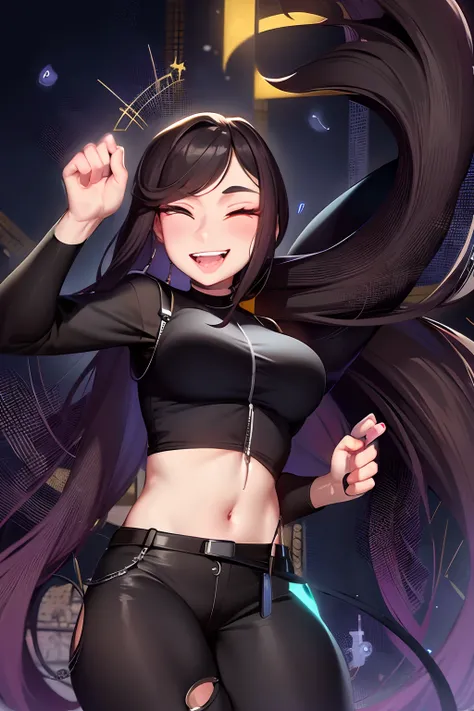 a cartoon drawing of a woman dancing with her hands, heavy gesture style closeup, urban girl fanart, pose(arms up + happy), small breasts, eyes closed, jaidenanimations, crop top, wearing black pants, tall female emo art student, commission for high res, w...