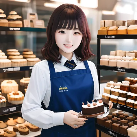 Australian Bakery since 1970 (https://australian1970.com/) in Malaysia single chocolate ring priced at MYR6, include words "Australian Bakery since 1970" on the apron, masutepiece、hight resolution、Cake shop、Cake craftsman、30-year-old girl、Smiling at the ca...