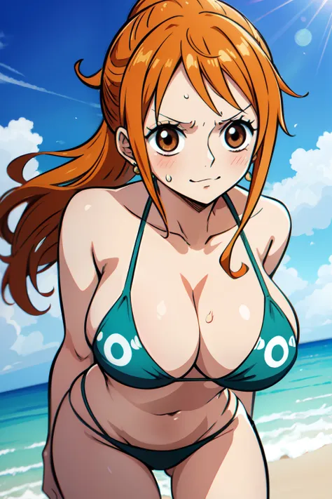 (anime art style),nami from one piece, Brown eyes, Long orange hair ponytail, Blushing, Wear a black bikini, Stand on the beach,(nsfw).