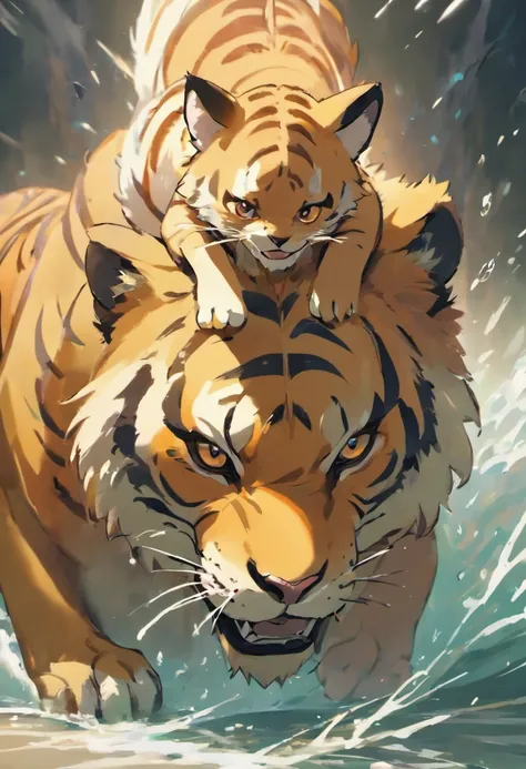 (best quality,4k,8k,highres,masterpiece:1.2),ultra-detailed,(realistic,photorealistic,photo-realistic:1.37),fierce tiger-headed creature,fluffy fur,muscular,beach,male,body covered in fur