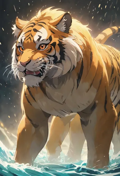 (best quality,4k,8k,highres,masterpiece:1.2),ultra-detailed,(realistic,photorealistic,photo-realistic:1.37),fierce tiger-headed creature,fluffy fur,muscular,beach,male,body covered in fur