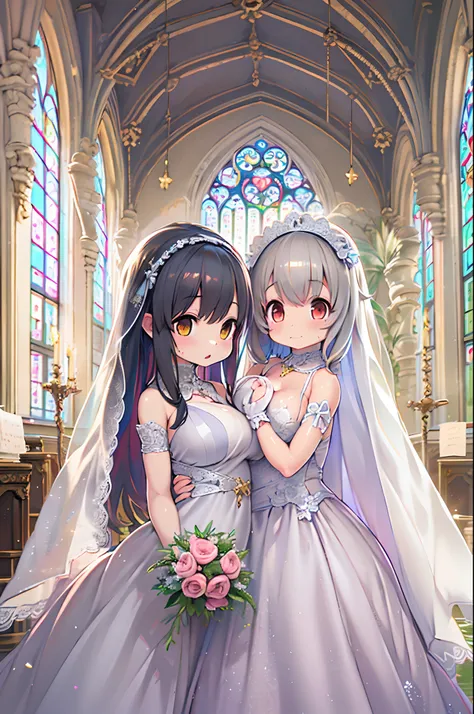 High resolution, Best Quality, masutepiece, Ultra high definition, Ultra high definition, .。.3D, Anime, Illustration, In a church、wedding hall、Two women in wedding dresses、2girls，girl1：bbw、huge-breasted、adolable，Black hair，Bob-cut hair，huging、stare、wedding...