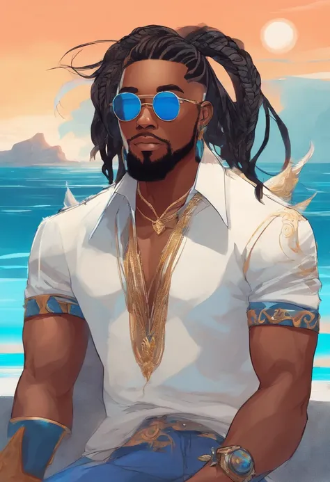 Asian manga-style drawing of a black man with sunglasses, an earring, and long braids. Dressed in rock and roll style and riding a futuristic blue sports motorcycle. In the background, a beautiful beach landscape.