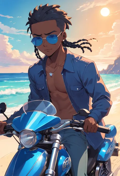 Asian manga-style drawing of a black man with sunglasses, an earring, and long braids. Dressed in rock and roll style and riding a futuristic blue sports motorcycle. In the background, a beautiful beach landscape.