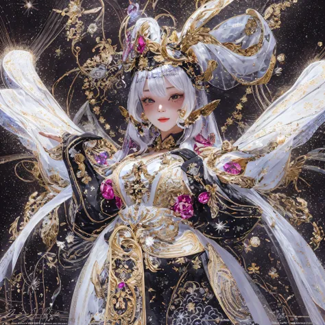 National wind circle，Flying nine-tailed fat skull flame ethereal toad star，Golden-black damask white rabbit hair chest guard，Fuchsia pink diamonds, Tulle burgundy diamond shin guard，Fat woman squatting in the snow 1:900 miniatures，Front view，Pure transpare...